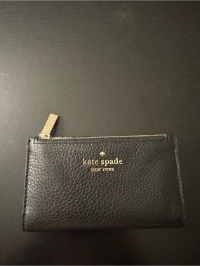 kate spade Black Pebbled Leather Zip Card Case with Gold Logo